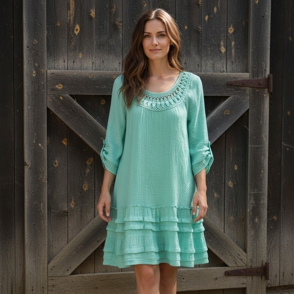 entro Dresses & Skirts - Entro Mint Green Knee Length Dress With Crochet Trim On Neck